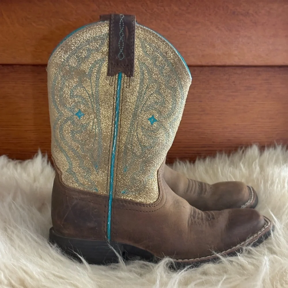 Ariat Kids QuickDraw Gold Sparkle with Teal Stitching Western Boots